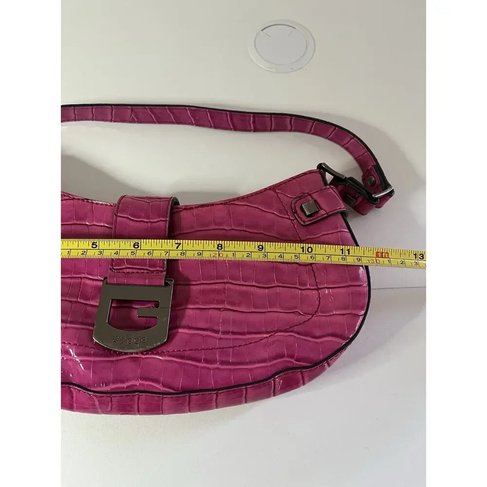 🎀Vintage GUESS Y2K Hot Pink Purse Crocodile Shoulder Mini Bag Buckle Baguette